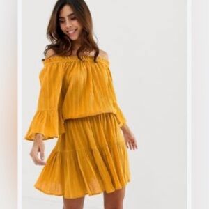 ASOS off shoulder tiered mini sundress in mustard. Size 6.